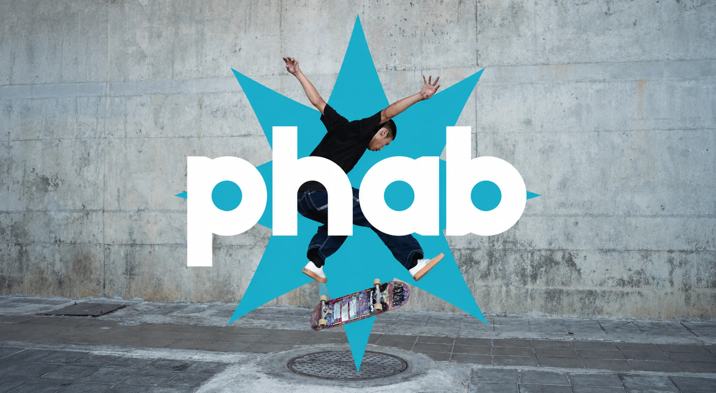 Phab wordmark over a skateboarder mid-air